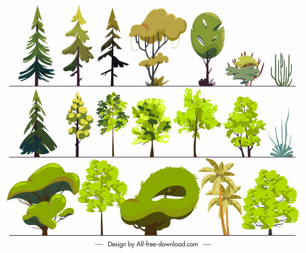 [ai] Trees icons bright colored flat sketch Free vector 6.55MB