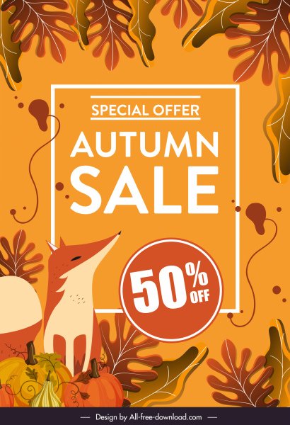 [ai] Autumn sale banner fox leaves pumpkin sketch Free vector 5.40MB