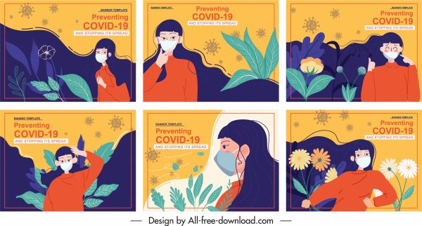 [ai] Covid poster templates colorful classic woman nature elements Free vector 6.73MB