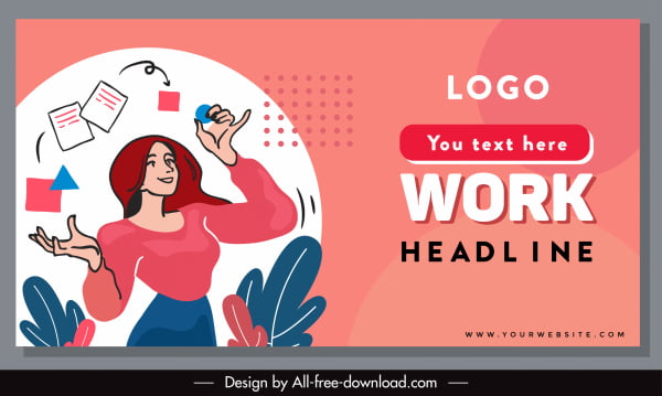 [ai] Work place banner woman leaves ketch classical handdrawn Free vector 3.25MB