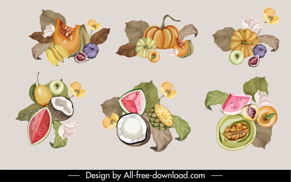 [ai] Organic products icons colorful retro handdrawn sketch Free vector 5.79MB